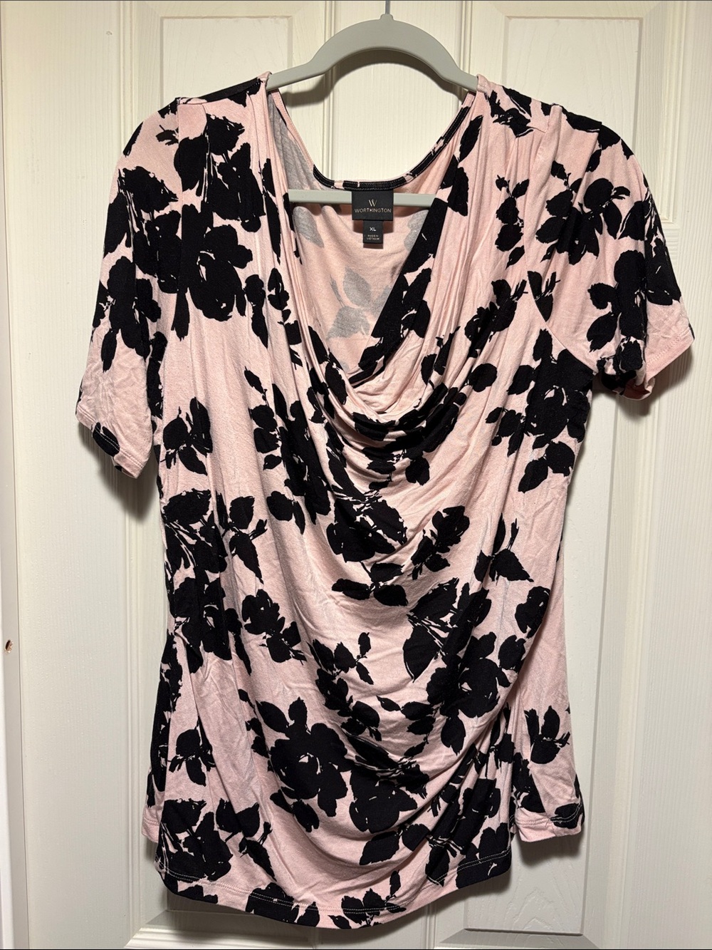 Worthington Pink & Black Floral Drape-Neck Short Sleeve Top